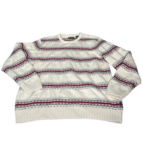 Chaps Men's size XL Sweater Fair Isle Stripe Crewneck Knit Pullover White Gray - Picture 1 of 8